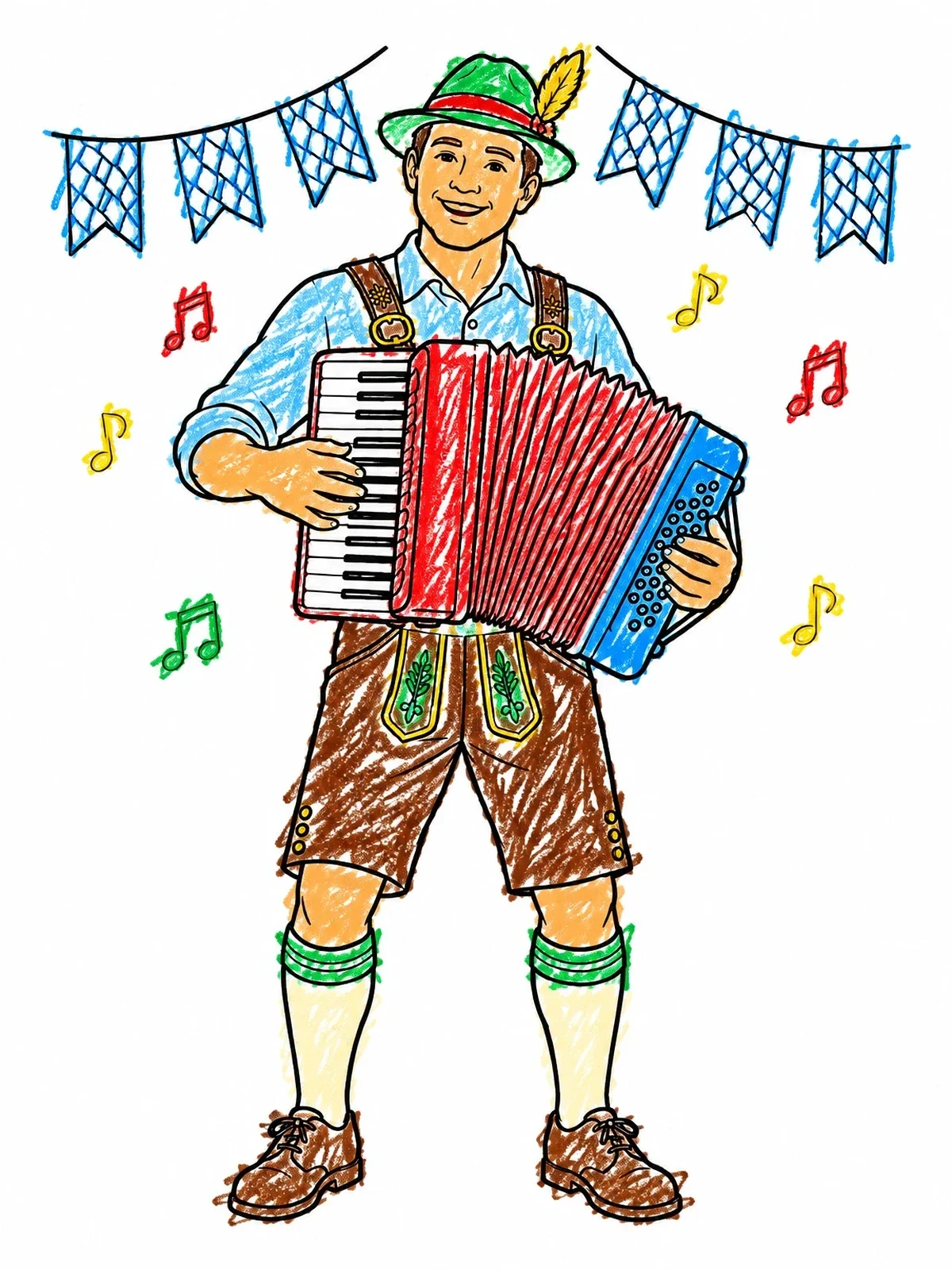Colored example of the Oktoberfest Accordion Player In Lederhosen coloring page