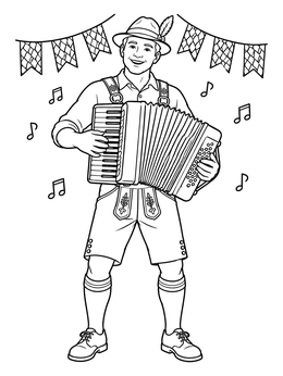 An accordion player in lederhosen on an oktoberfest coloring page with festive banners.