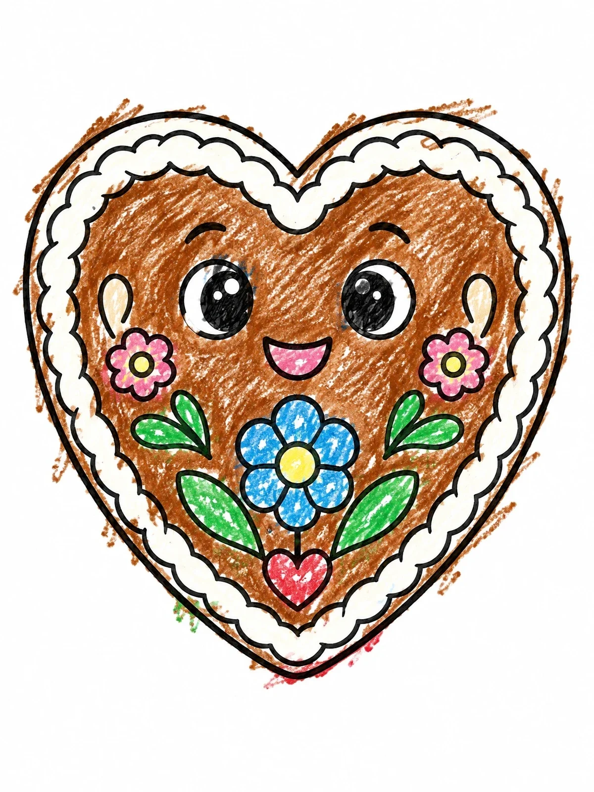 Colored example of the Cute Smiling Gingerbread Heart coloring page