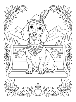 A dachshund wears a traditional hat on a bench in this oktoberfest coloring page.