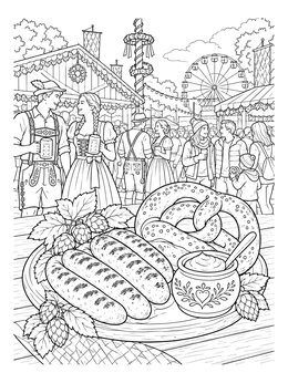 An oktoberfest coloring page with sausages, a pretzel, mustard, and festive fairgrounds in the background.