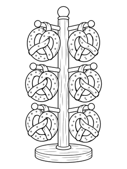 A wooden stand holds salty baked pretzels in this oktoberfest coloring page.