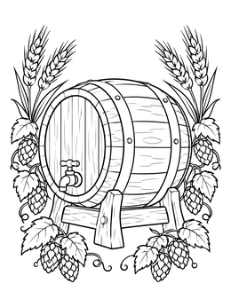 A wooden barrel on a stand framed by hops and wheat on this oktoberfest coloring page.