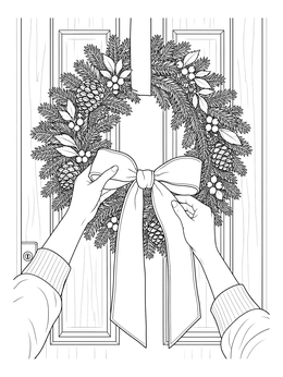 Hands tying a bow on a wreath in this old fashioned christmas coloring page.