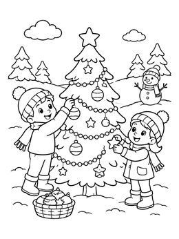 Free printable Children Decorating An Outdoor Christmas Tree coloring page