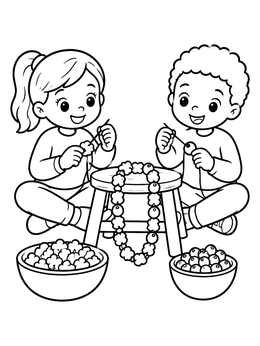 Free printable Children Stringing Popcorn And Cranberries coloring page