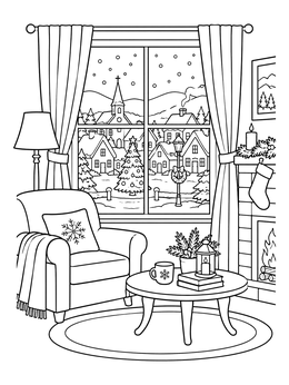 Free printable Cozy Winter Living Room Window View coloring page