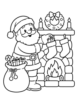 Free printable Santa Filling Stockings By Fireplace coloring page