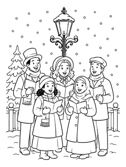 Free printable Victorian Christmas Carolers Under Streetlamp coloring page