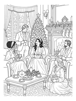 An old fashioned christmas coloring page of a family gathered in an ornate parlor by the tree.