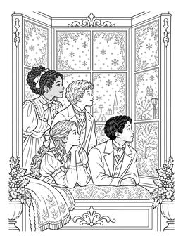 Victorian children watch falling snow in this old fashioned christmas coloring page.
