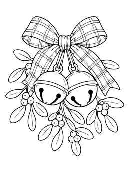 An old fashioned christmas coloring page featuring jingle bells, mistletoe berries, and a plaid bow.
