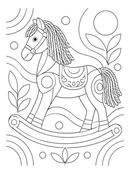 Carved rocking horse in this charming old fashioned christmas coloring page.