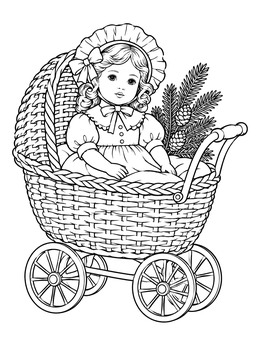 An old fashioned christmas coloring page of a porcelain doll sitting in a wicker carriage with pine cones.