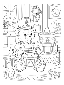 A wind-up teddy bear plays a drum in this charming old fashioned christmas coloring page.