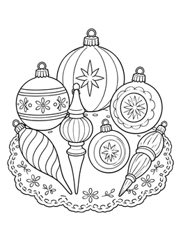 An old fashioned christmas coloring page featuring glass baubles and finials resting on a lace doily.