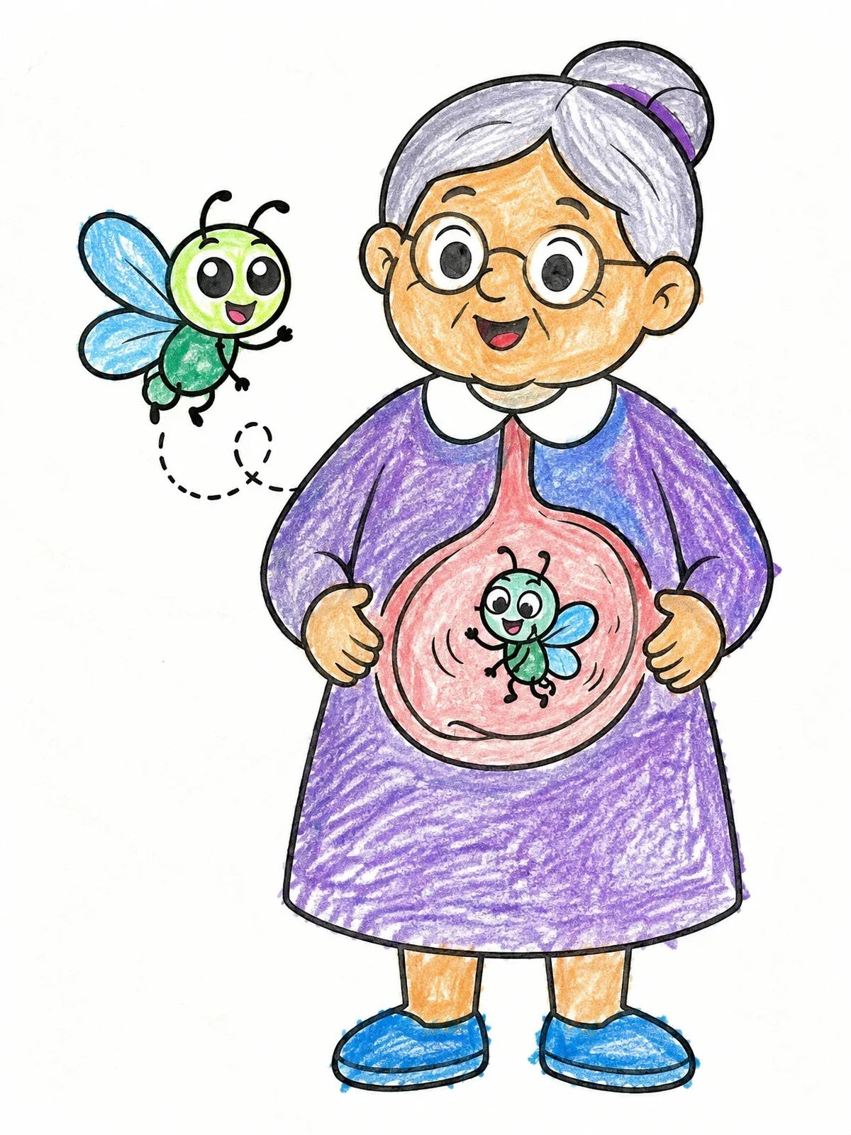 Colored example of the Old Lady Who Swallowed A Fly coloring page