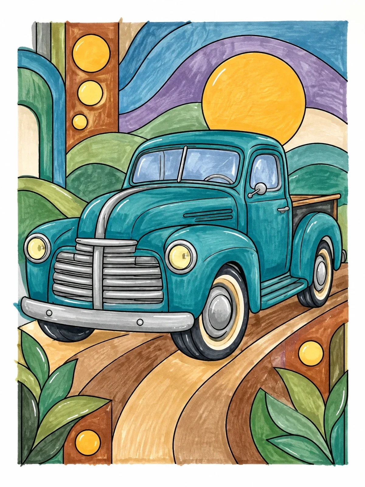 Colored example of the Classic 1940s Vintage Pickup Truck coloring page