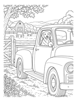 Free printable Farm Dog In Vintage Pickup Truck coloring page
