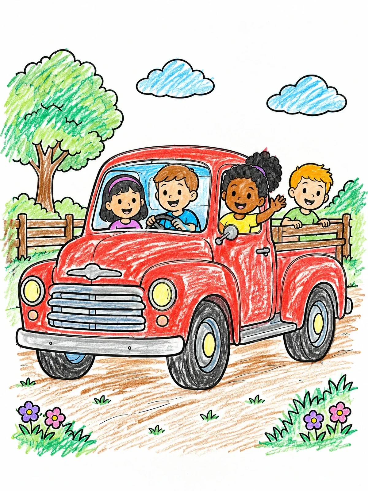 Colored example of the Happy Kids In Vintage Pickup Truck coloring page