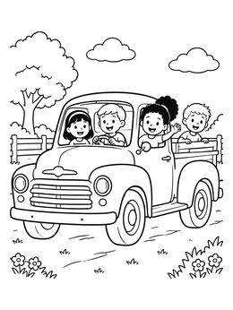 Free printable Happy Kids In Vintage Pickup Truck coloring page
