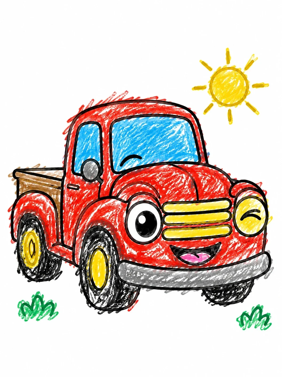 Colored example of the Happy Winking Vintage Pickup Truck coloring page