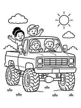 Free printable Kids Riding A Vintage 4x4 Pickup coloring page