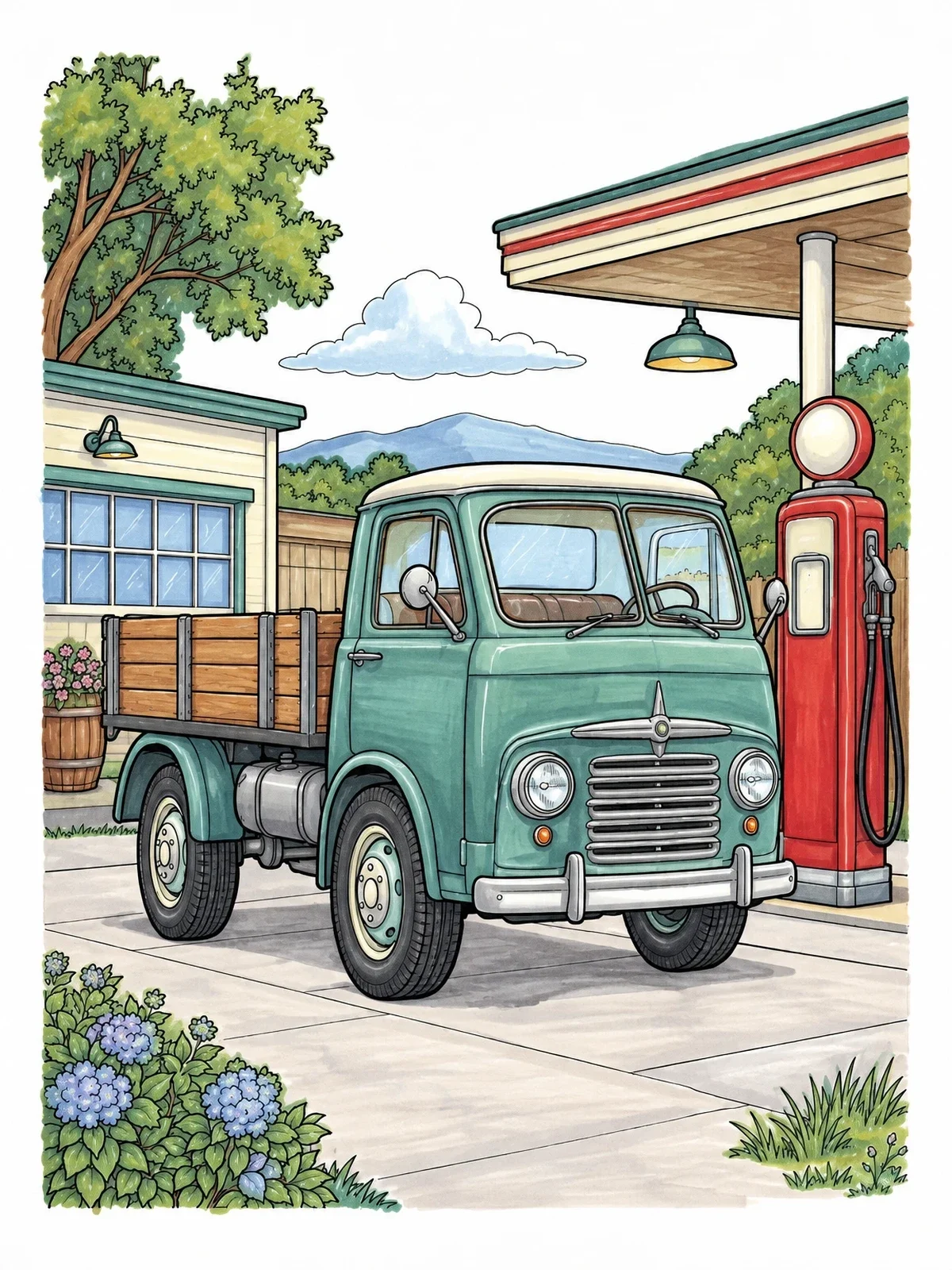 Colored example of the Vintage Cab Over Truck At Retro Gas Station coloring page