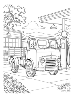 Free printable Vintage Cab Over Truck At Retro Gas Station coloring page