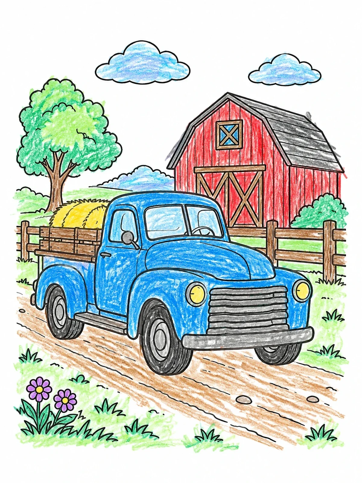 Colored example of the Vintage Farm Pickup By The Barn coloring page