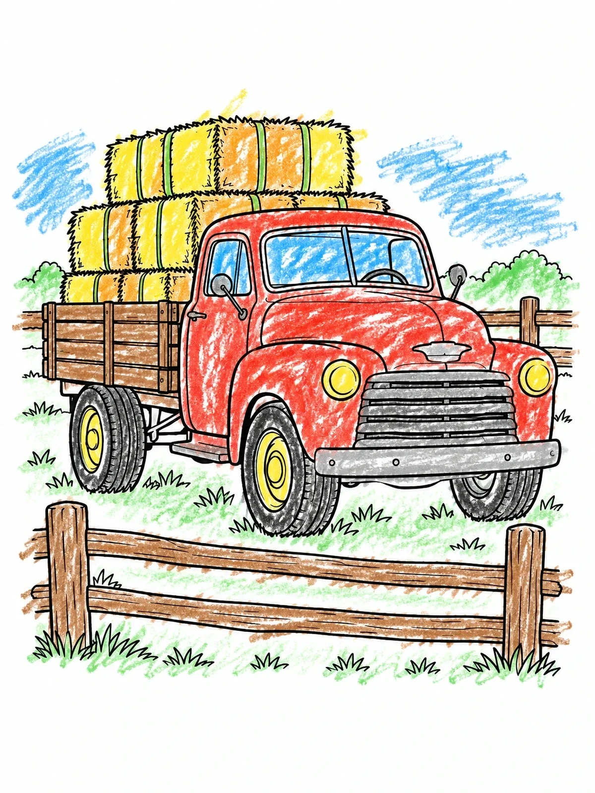 Colored example of the Vintage Farm Truck Loaded With Hay coloring page