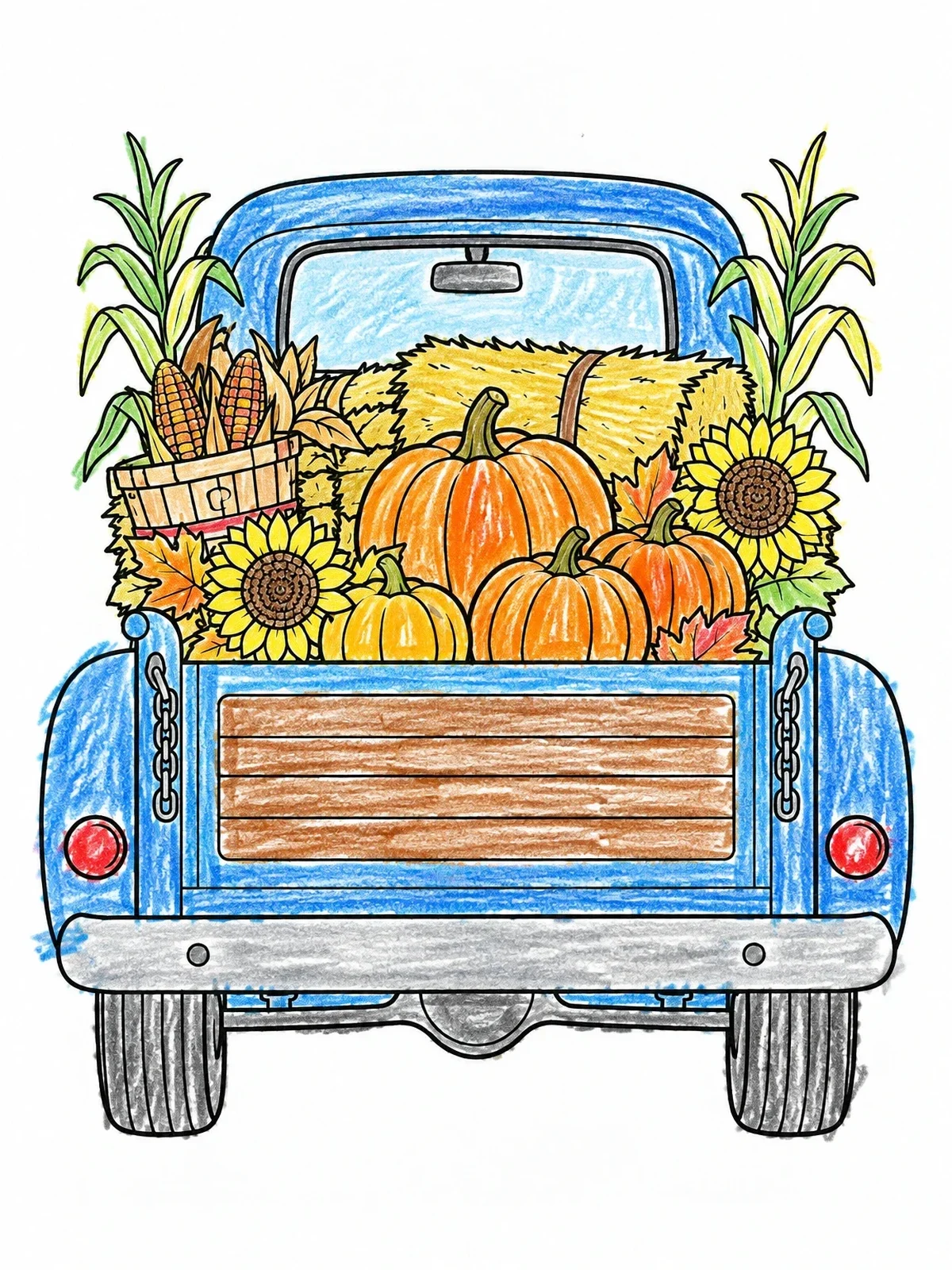 Colored example of the Harvest Truck With Autumn Pumpkins coloring page