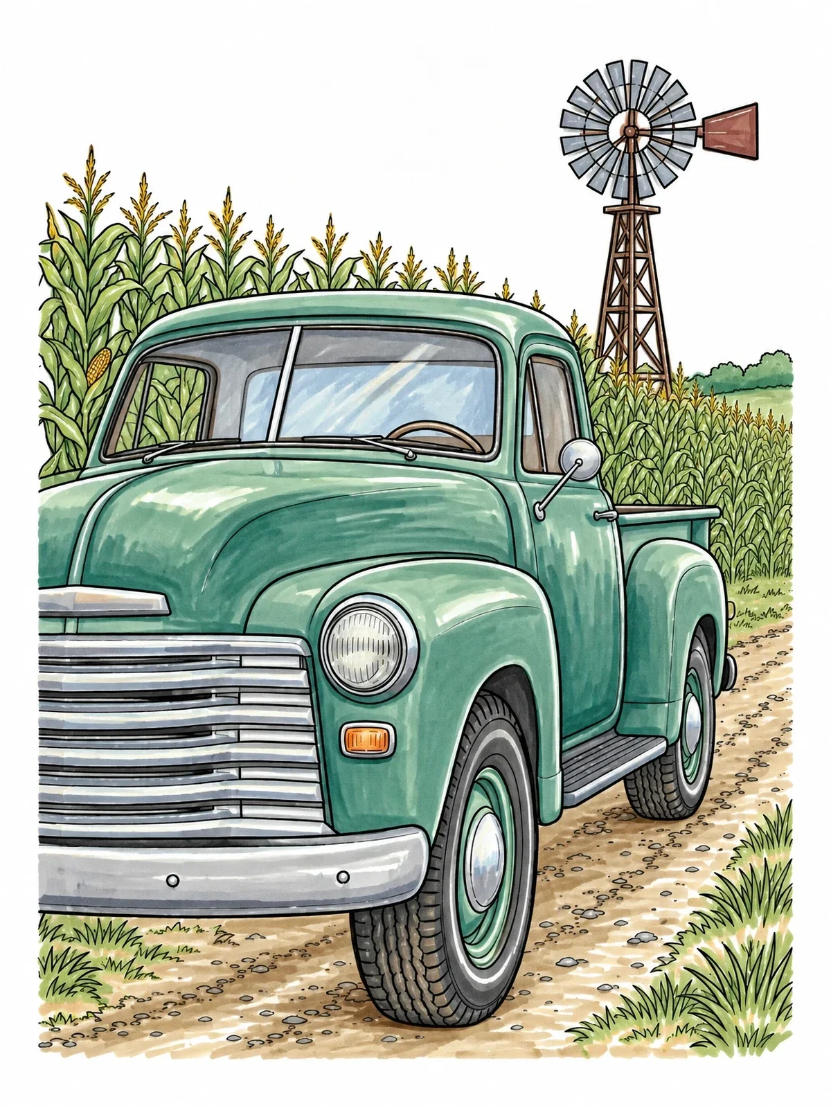 Colored example of the Vintage Pickup By The Cornfield coloring page