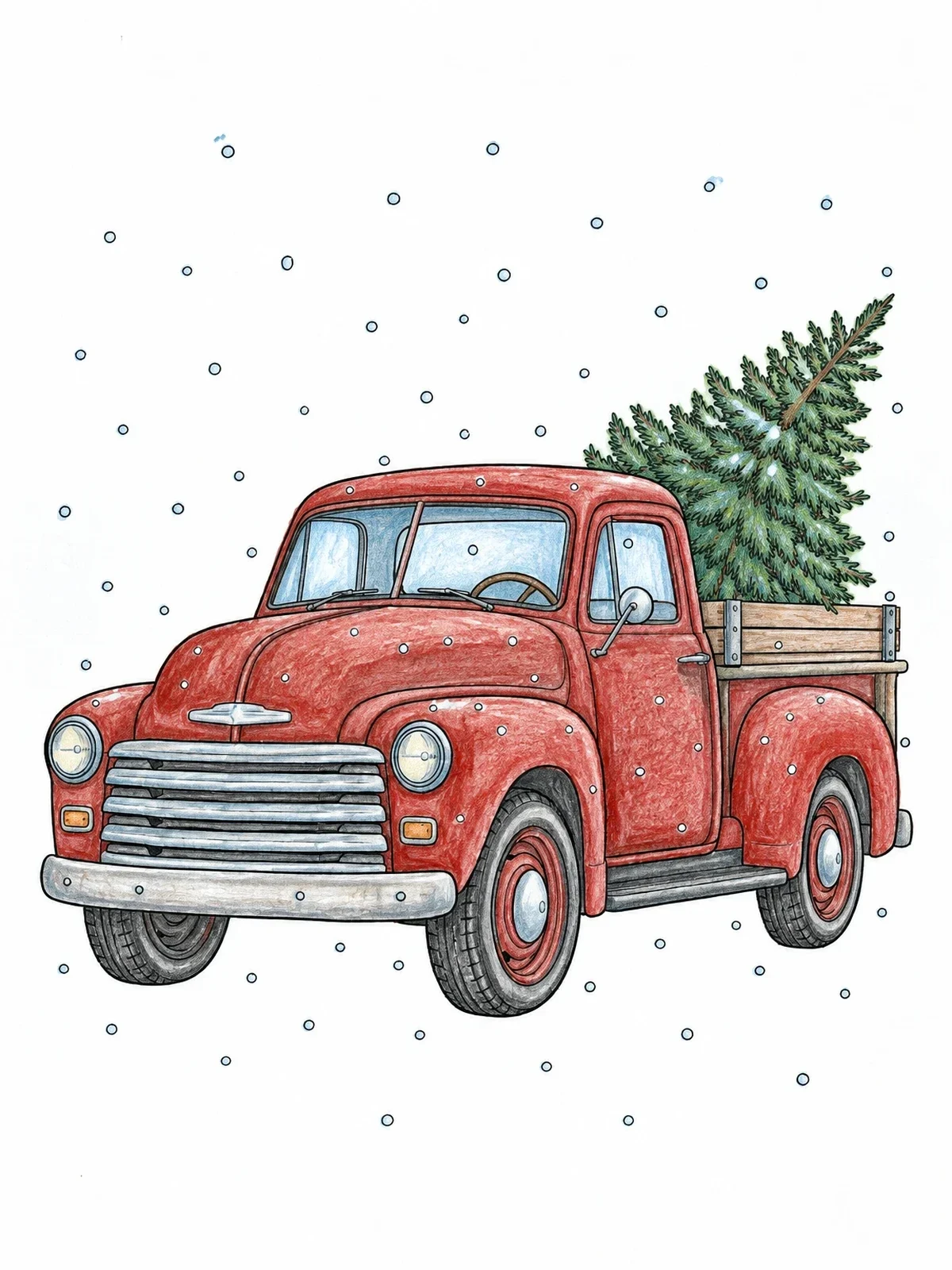Colored example of the Vintage Pickup With Christmas Tree coloring page