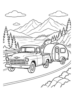 Free printable Vintage Pickup Truck Towing Camper coloring page