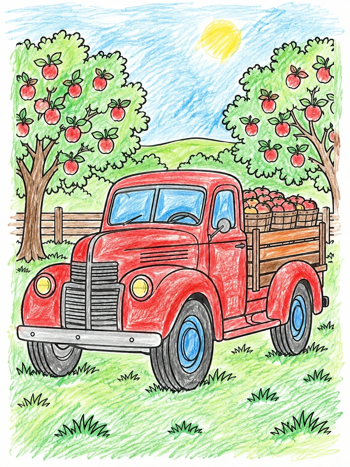 Colored example of the Vintage Pickup Truck In Apple Orchard coloring page