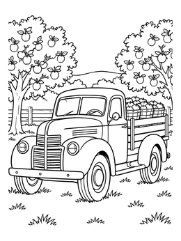 Free printable Vintage Pickup Truck In Apple Orchard coloring page