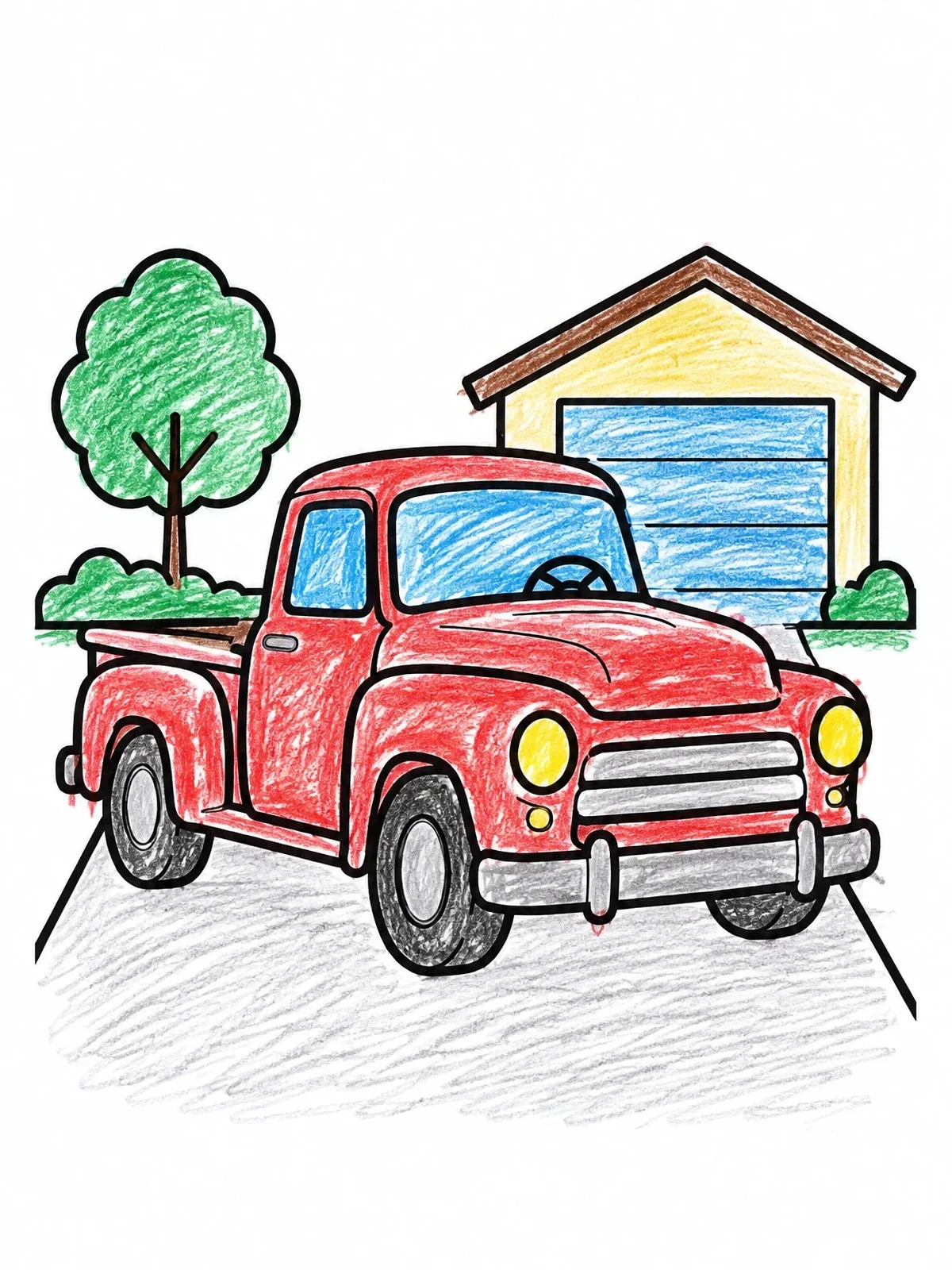 Colored example of the Vintage Pickup Truck On Driveway coloring page