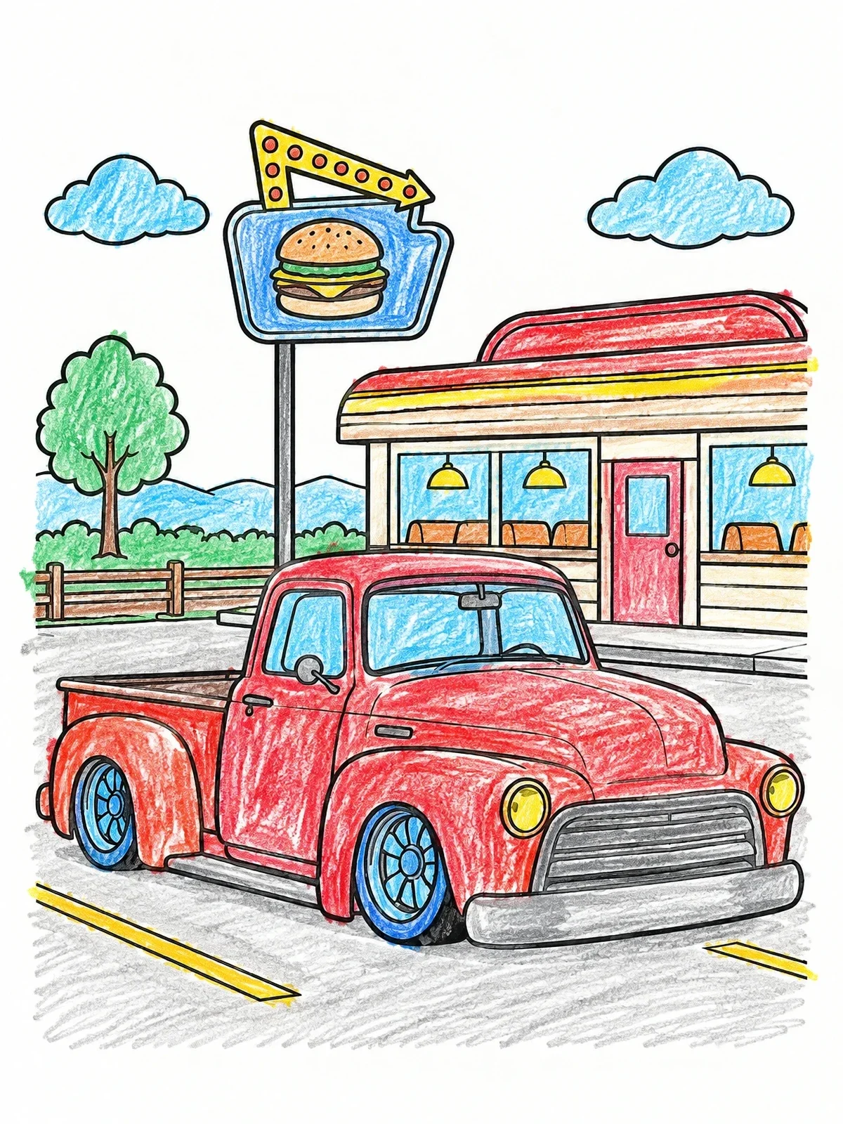 Colored example of the Vintage Pickup Truck Outside Diner coloring page