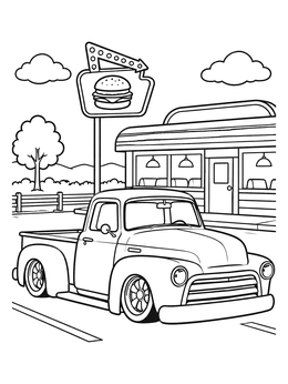 Free printable Vintage Pickup Truck Outside Diner coloring page