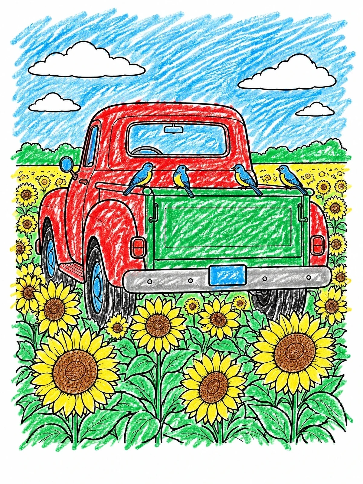 Colored example of the Vintage Pickup Truck In Sunflower Field coloring page