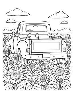 Free printable Vintage Pickup Truck In Sunflower Field coloring page