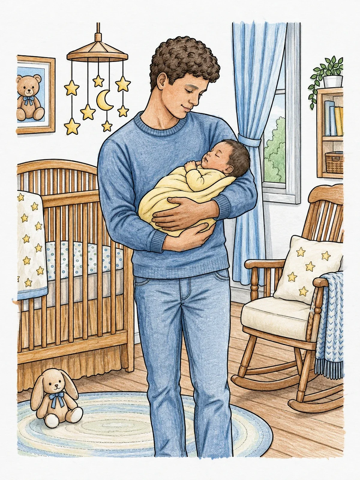 Colored example of the Older Brother Holding Newborn Baby coloring page
