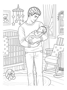An older brother coloring page showing a teen holding a newborn in a cozy nursery.
