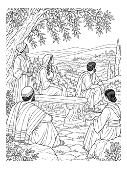 A group gathers near an olive tree in this garden coloring page overlooking distant rolling hills.