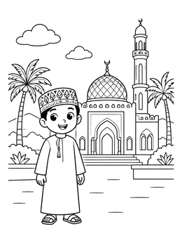 Free printable Omani Boy In Front Of Mosque coloring page