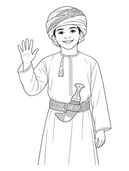 An Omani boy waving cheerfully in this detailed oman coloring page.