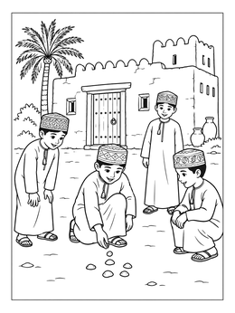 Boys in traditional caps playing outside in this oman coloring page.