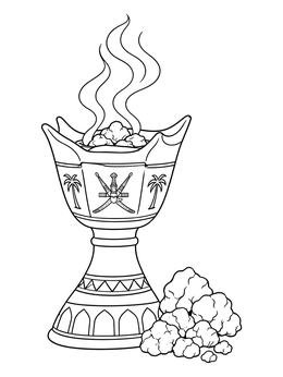 An ornate incense burner features on this oman coloring page with swirling smoke and resin stones.