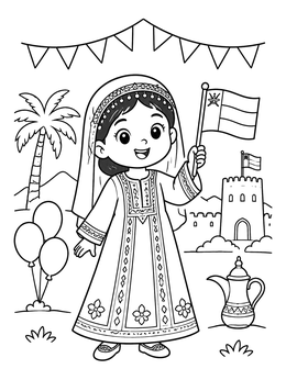 Free printable Omani Girl Celebrating With Flag coloring page